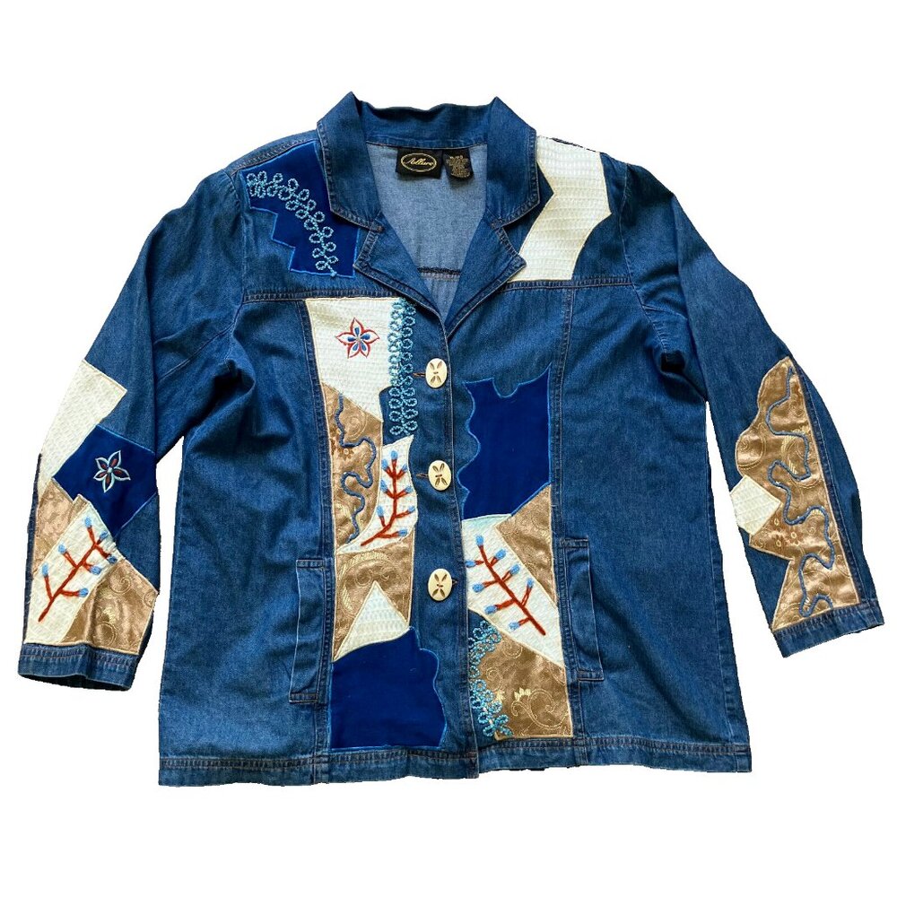 Allure Denim Chambray Patchwork Blazer Jacket Vintage Embellished Top